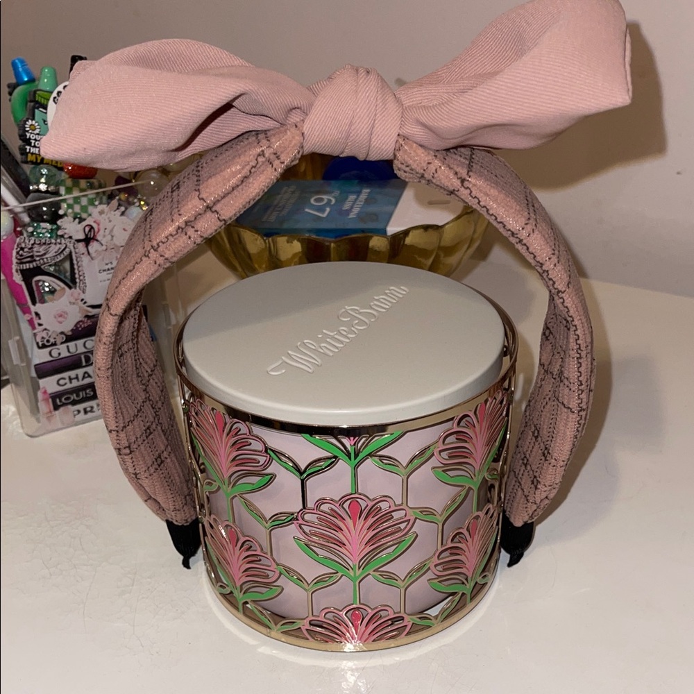 Taupe and Pink Plaid Headband with Adjustable Bow SUPER SOFT and Comfy